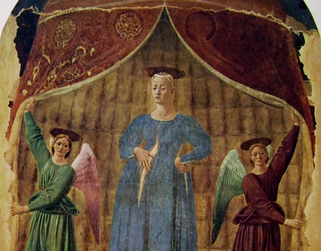 Piero della Francesca: Madonna del parto, cm. 260 x 203, Cappella del Cimitero, Monterchi, Arezzo.